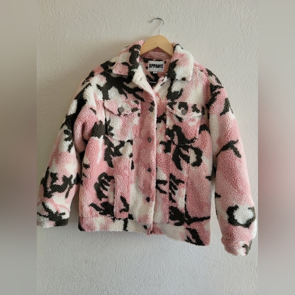 Apparis, Teresa Camo Faux Shearling Jacket, Pink/Brown/Cream, Size Small - Picture 3 of 14